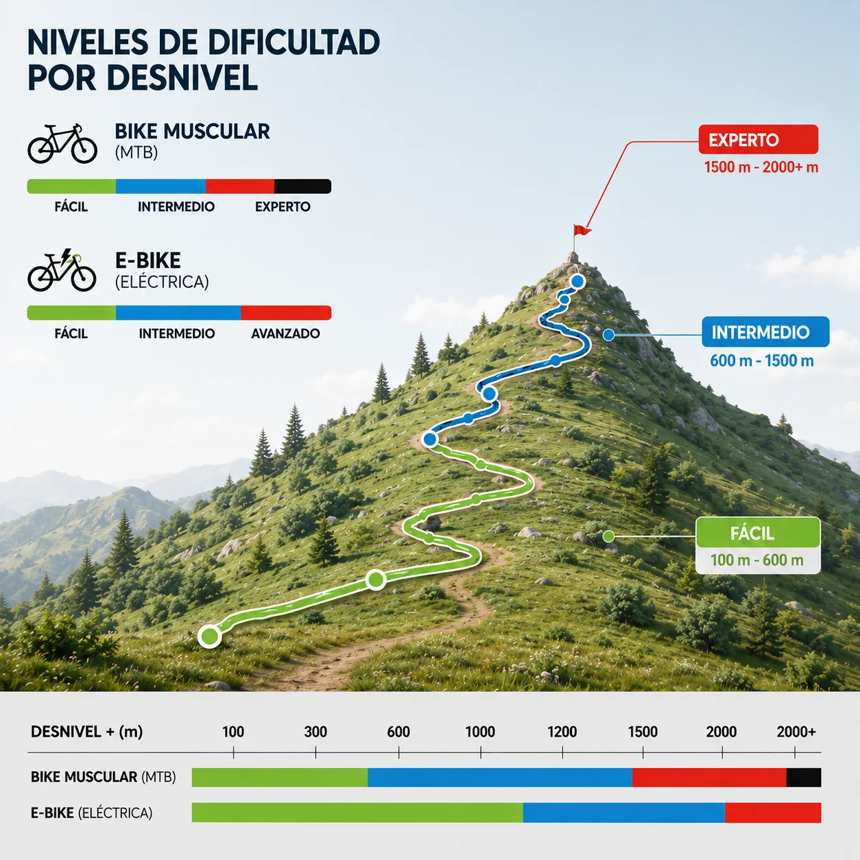 Niveles de dificultad por desnivel: comparación entre bici muscular (MTB) y e-bike, con el desglose por metros de desnivel.